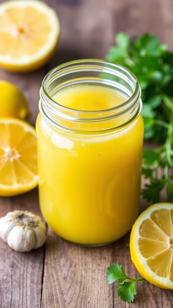A jar of lemon vinaigrette with garlic, surrounded by fresh lemons and parsley on a wooden table.